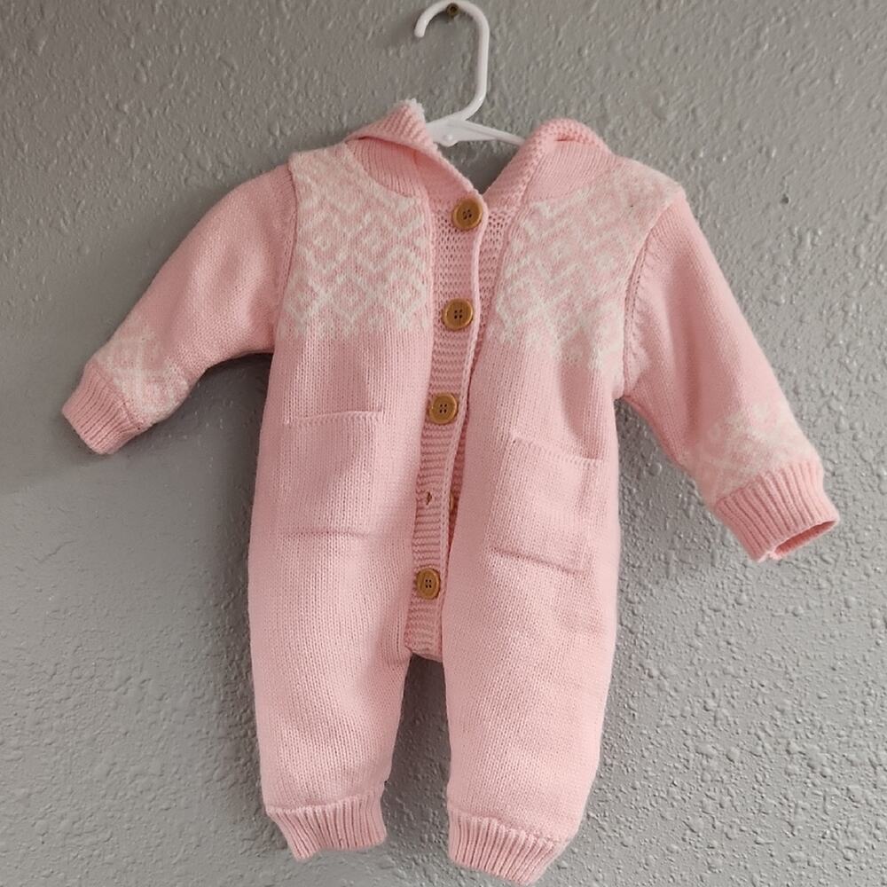 Cozy Pink Knit Hooded Baby Bodysuit